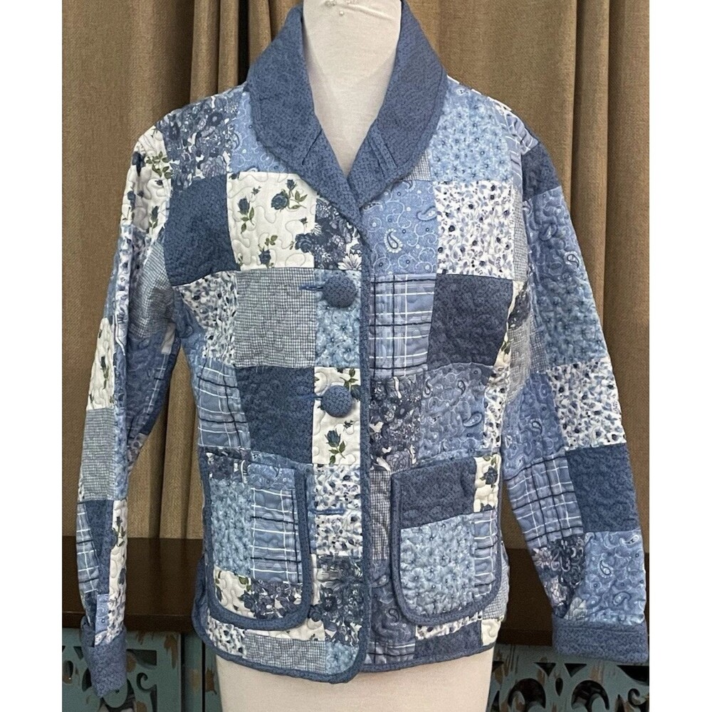 Donna Sharp 90’s Quilted Blue Three Button Blazer XS Patchwork Floral